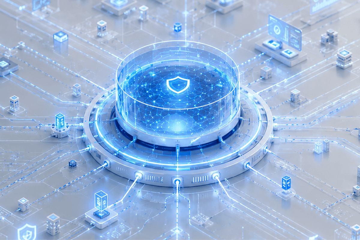 Rede de dados digital futurista com um escudo azul, para ilustração da agregação e fusão de informação.
