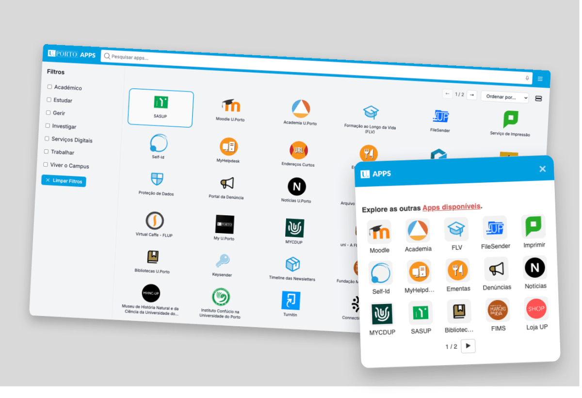 Interface de utilizador da apps da U.Porto, com os ícones das aplicações visíveis. Ilustração da widget.