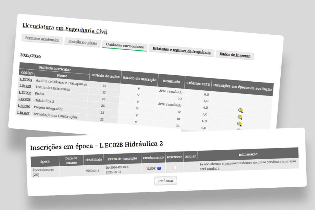 Interface no Sigarra do módulo de épocas de avaliação para o estudante